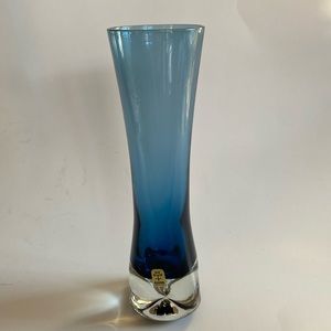 Aseda Bo Borgstrom Blue Glass Bud Vase Made in Sweden Handblown Dimpled Vintage